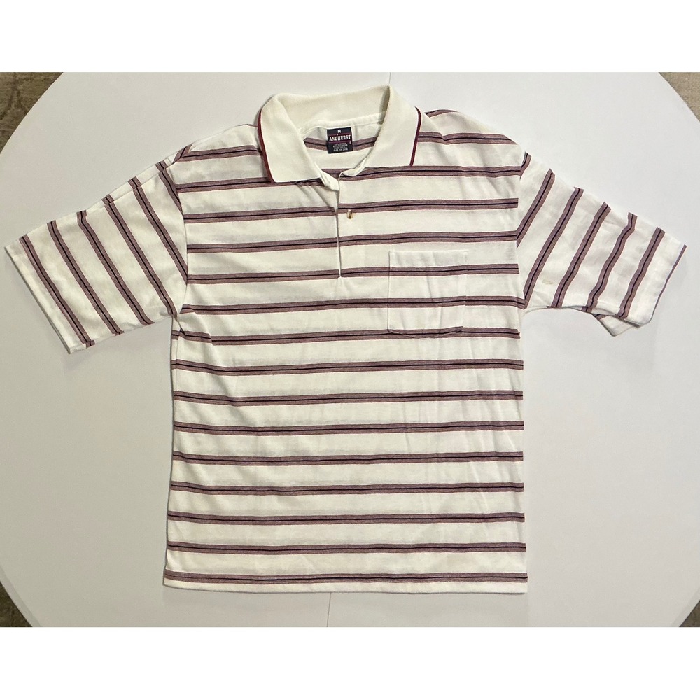 VTG USA Made Andhurst Color‎ Block Striped Polo Shirt White Red Short Sleeve M